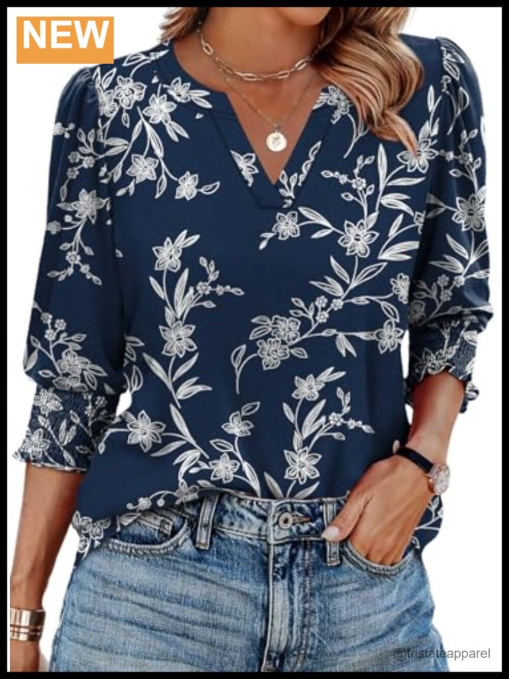 Womens Blouse 3/4 Sleeve V-Neck Smocked Cuff Dressy Casual Top